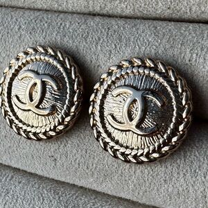 Gold CHANEL CC logo Button Earrings